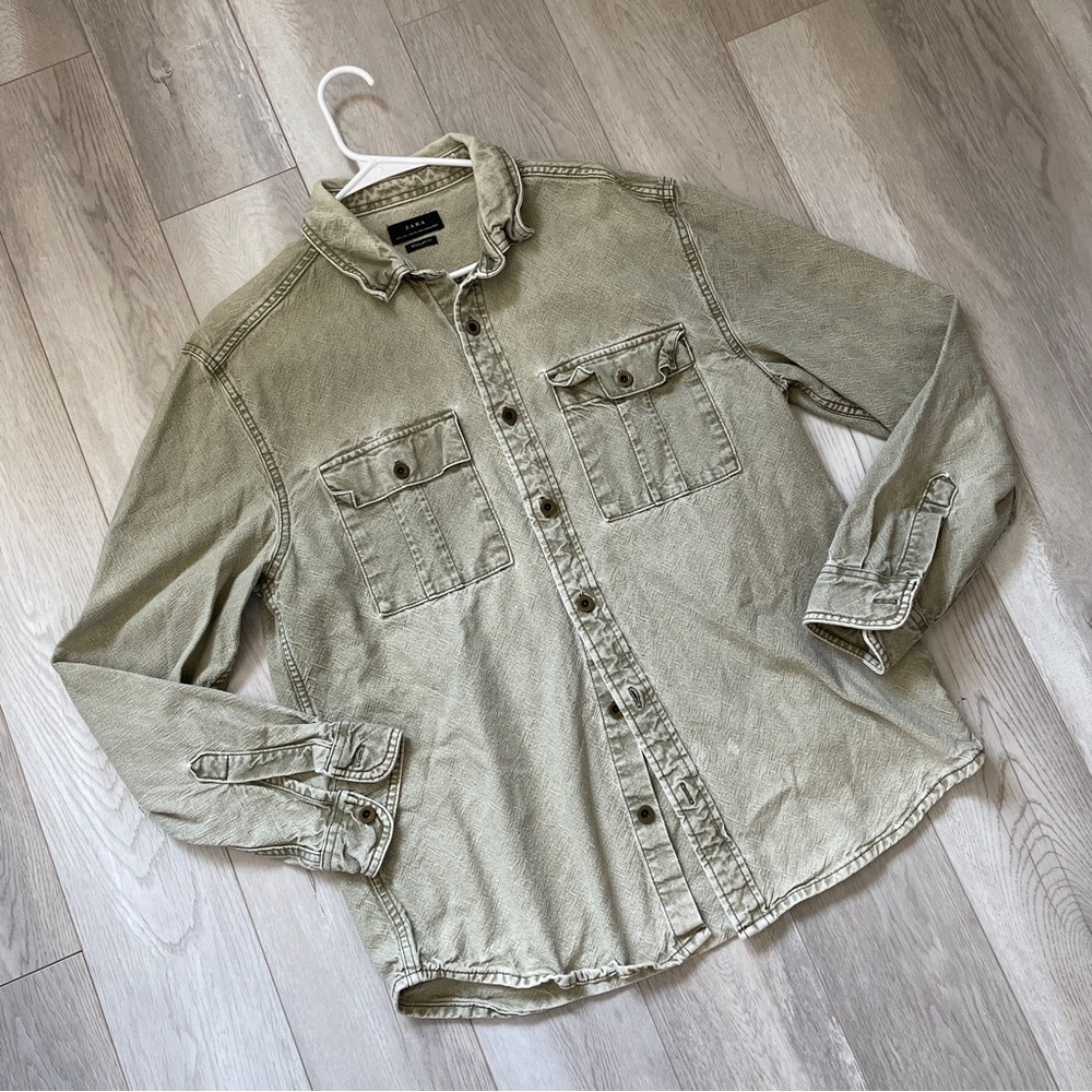 Zara Denim Overshirt button up regular fit mens Green (large) heavy preppy party